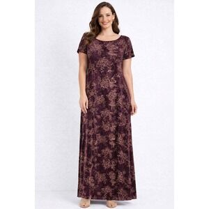 VTG Lisa Jo Y2K Velvet Maxi Dress Dark Wine Gold Floral Glitter Juniors 15/16